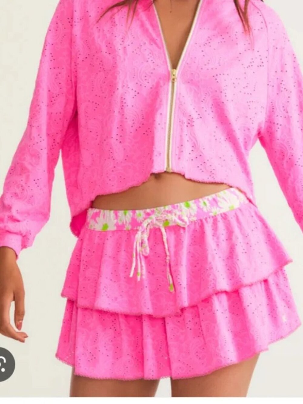 LoveShackFancy - Eyelet Paisley Tiered Mini skirt and zip hoodie